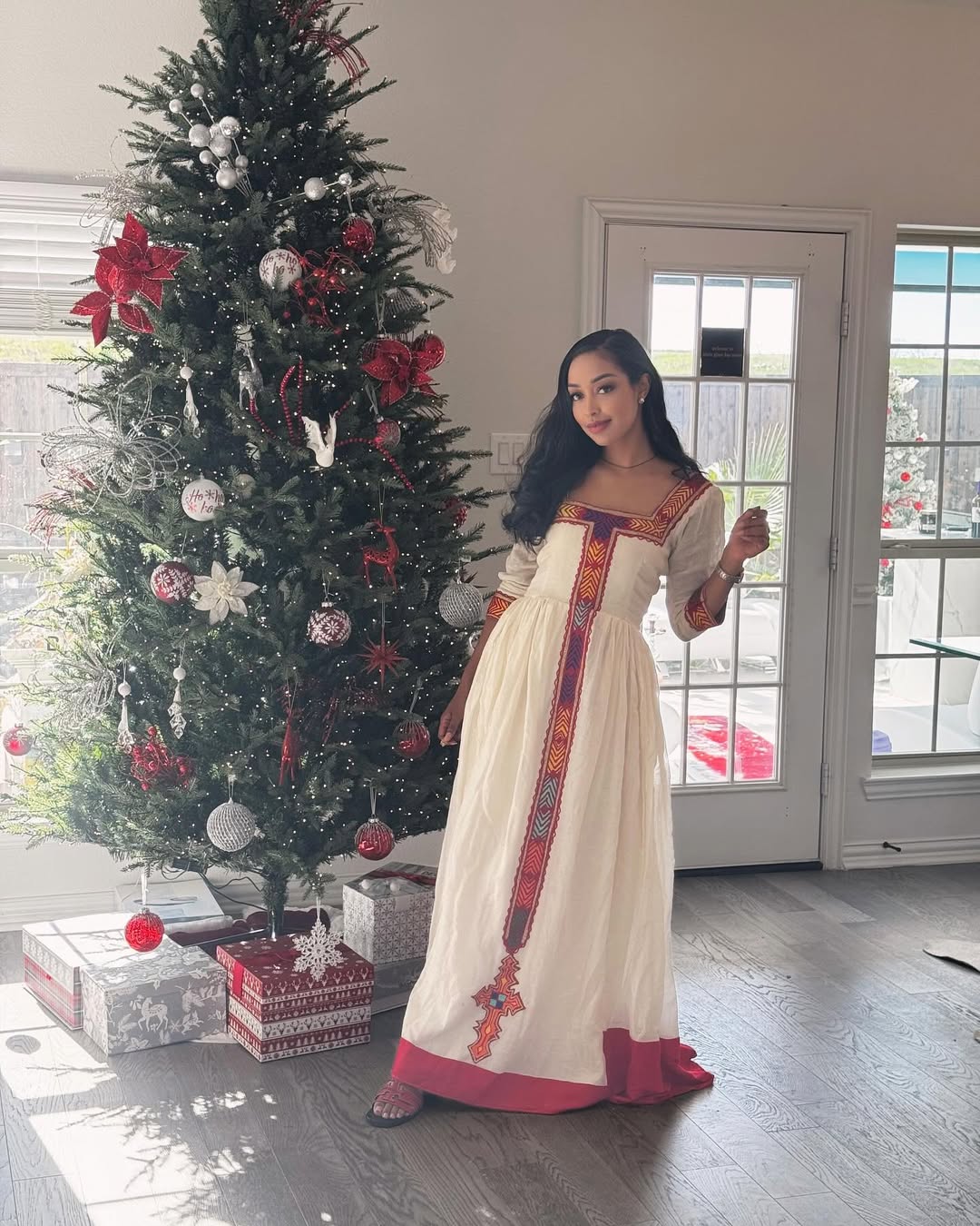 Handmade Red Embroidered Habesha Kemis | Elegant Ethiopian Dress