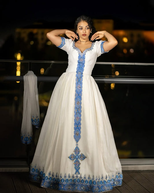 Blue Beaded Habesha Kemis | Handmade Modern Ethiopian Dress
