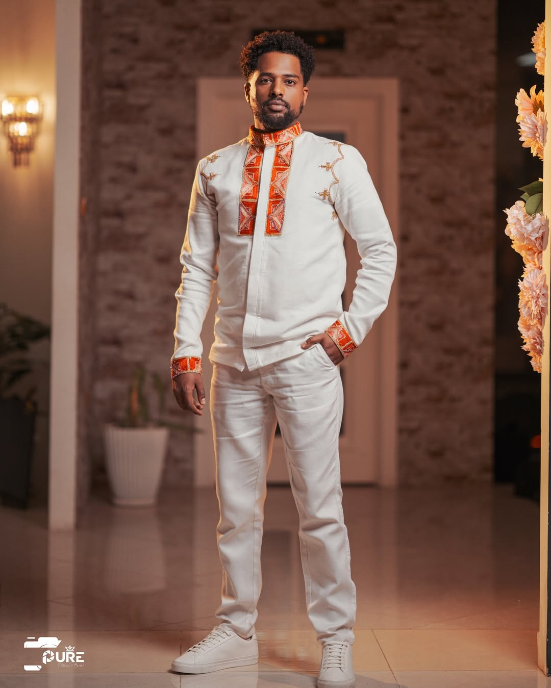 Orange Habesha Couples Outfit | Modern Matching Ethiopian Set