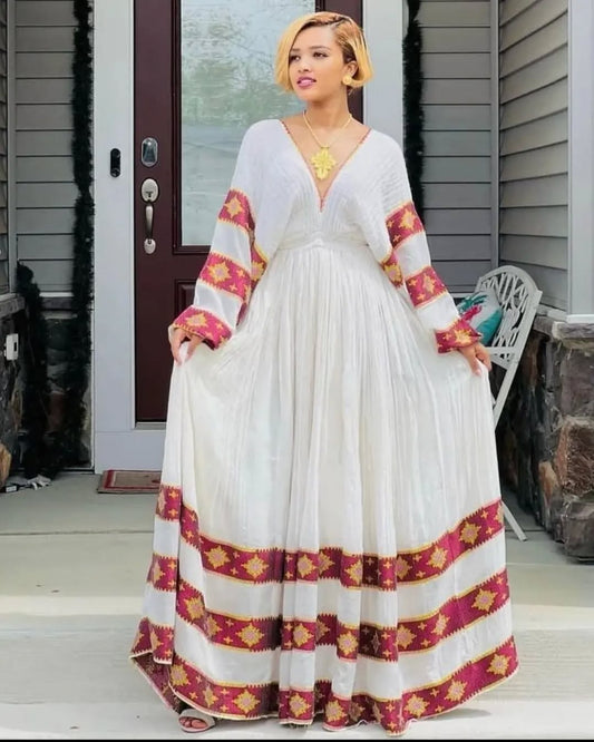 Burgundy Menen Zuria Habesha Kemis | Ethiopian Eritrean Dress