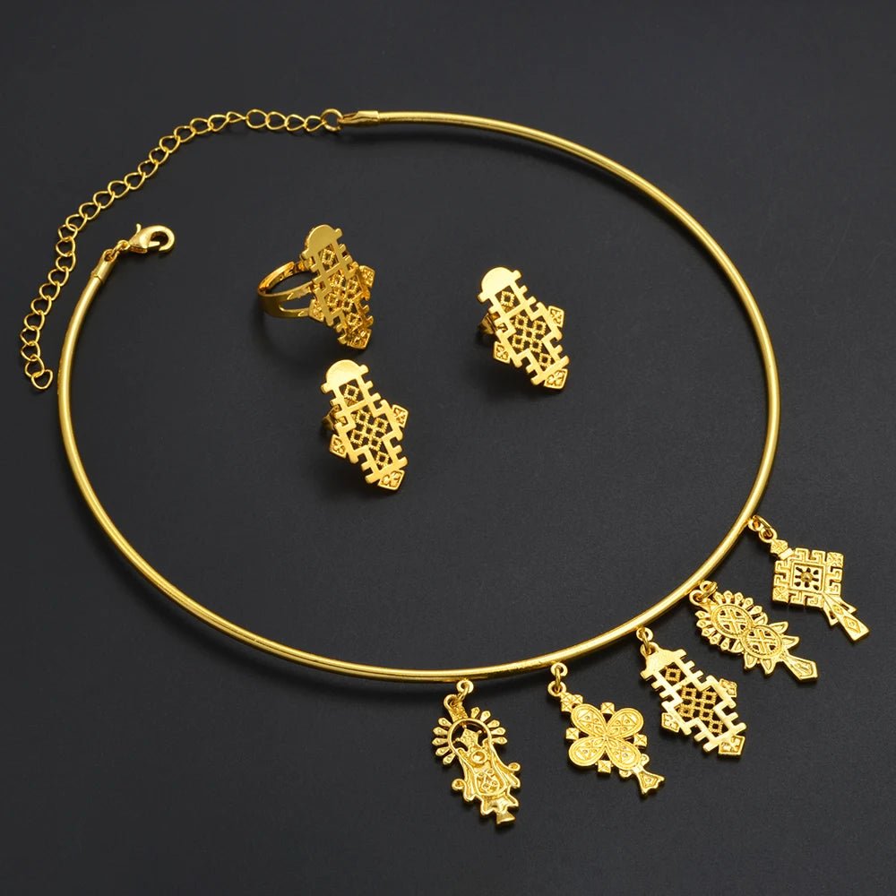 Ethiopian Eritrean Jewelry Set | Cross Choker, Earrings & Ring - EthGebya