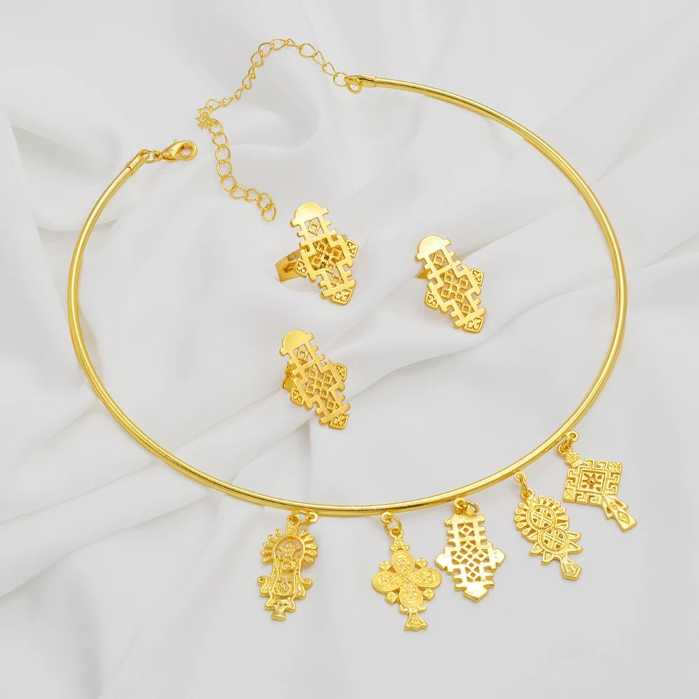 Ethiopian Eritrean Jewelry Set | Cross Choker, Earrings & Ring - EthGebya
