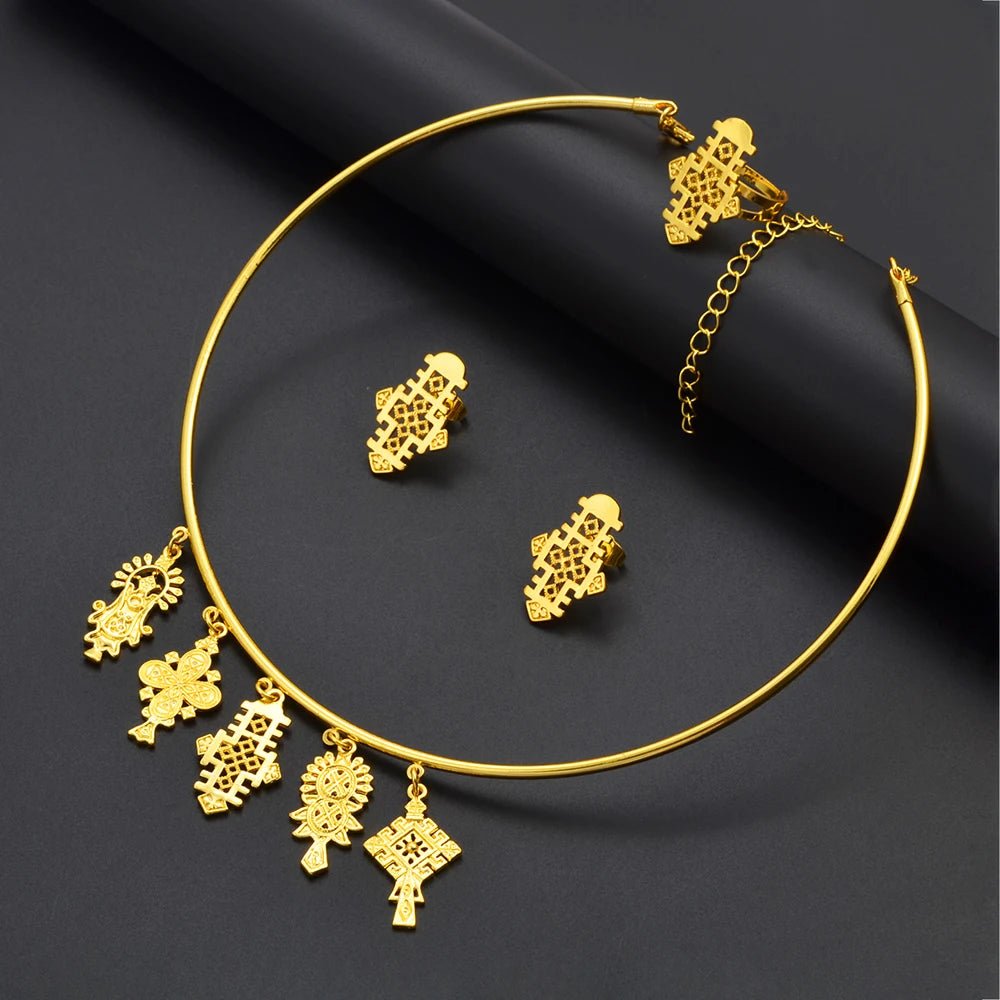 Ethiopian Eritrean Jewelry Set | Cross Choker, Earrings & Ring - EthGebya