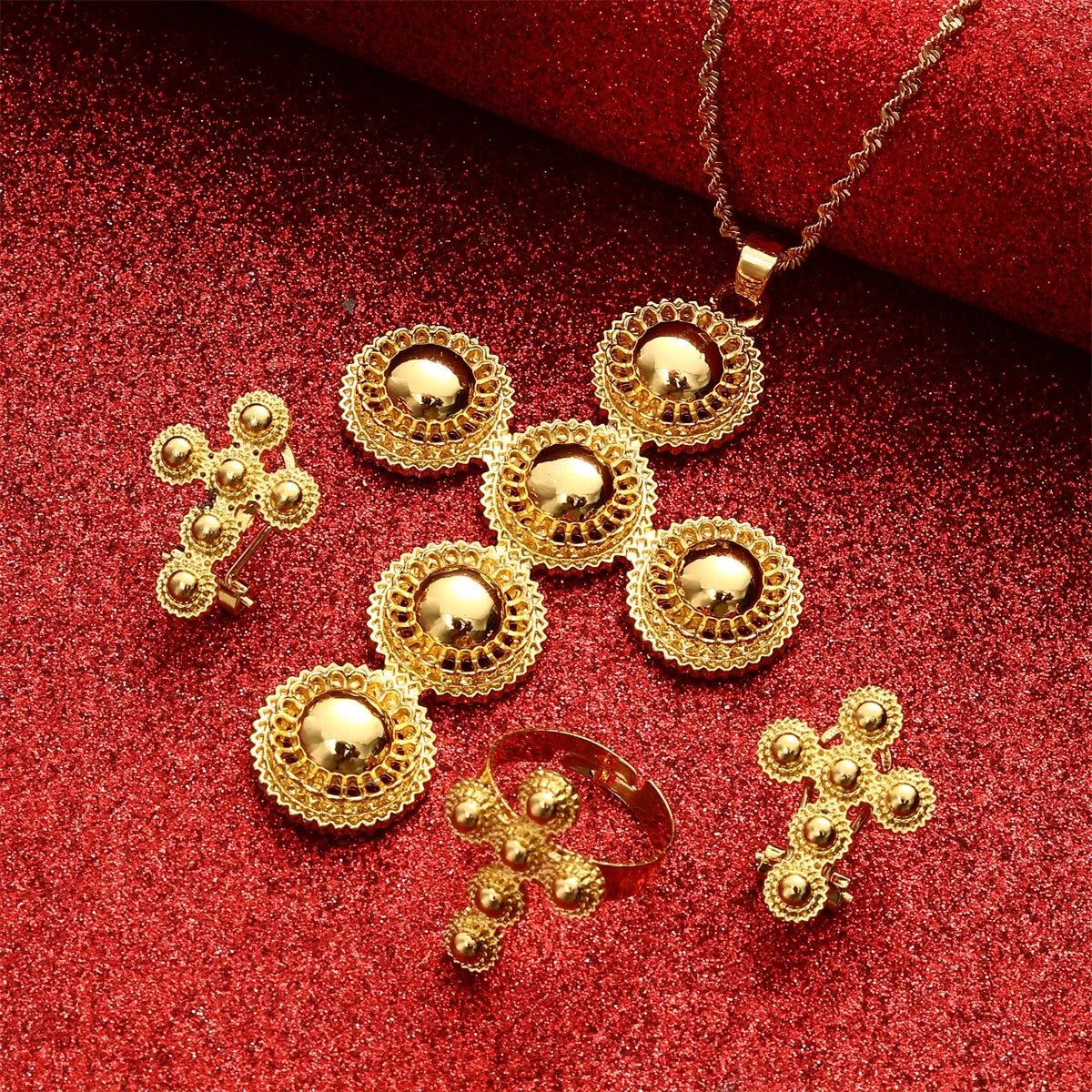Ethiopian Gold Jewelry Set | Habesha Pendant, Earrings & Ring - EthGebya