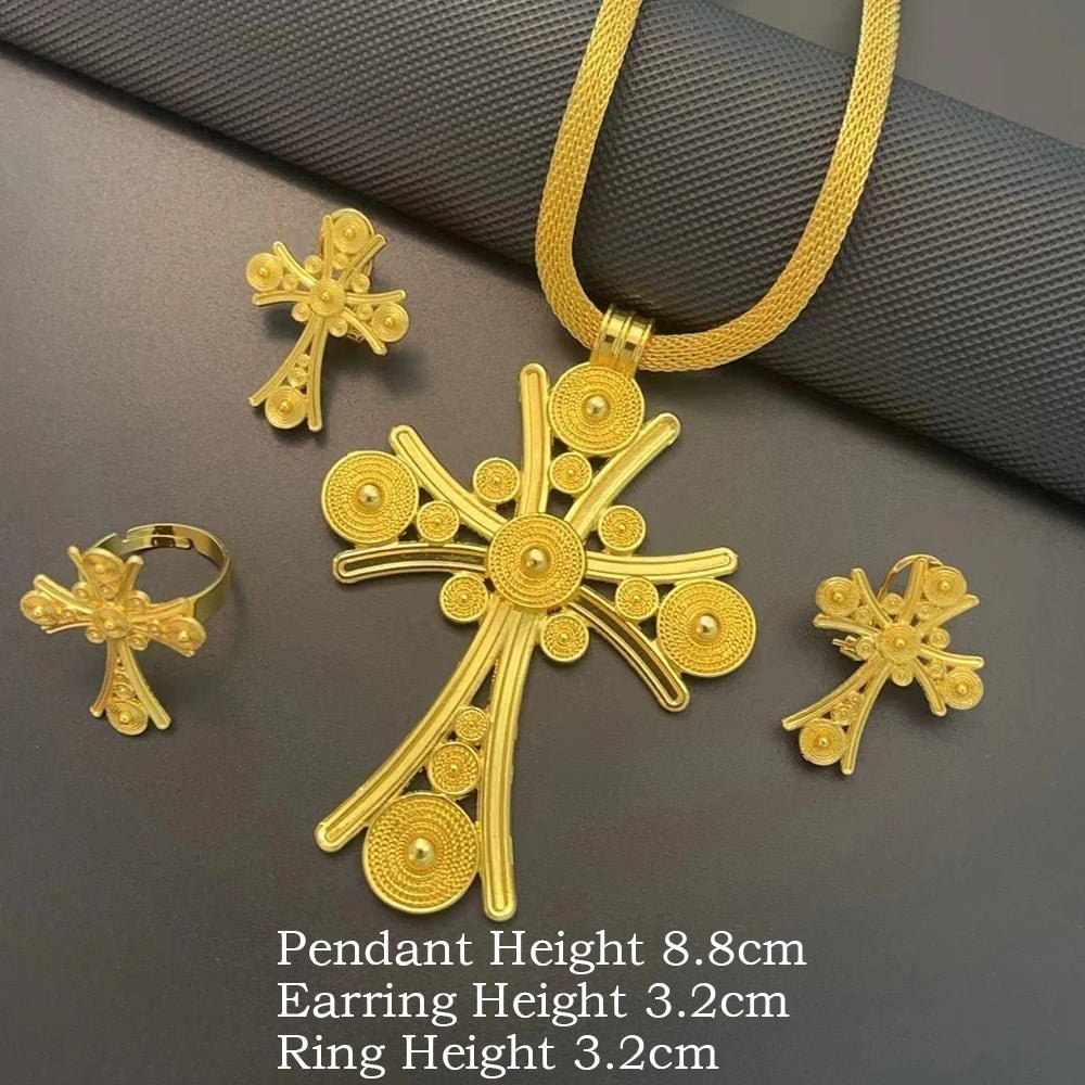 Ethiopian Jewelry Set | Big Cross Pendant Necklace, Earrings & Ring - EthGebya