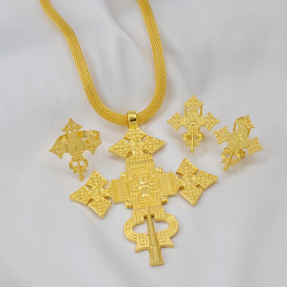 Ethiopian Jewelry Set | Big Cross Pendant Necklace, Earrings & Ring - EthGebya