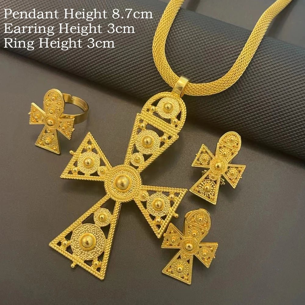 Ethiopian Jewelry Set | Big Cross Pendant Necklace, Earrings & Ring - EthGebya