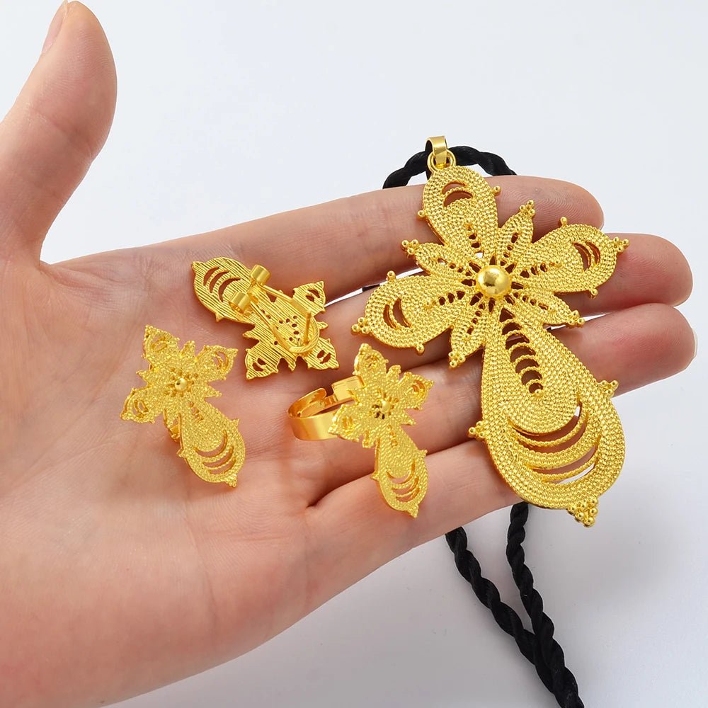 Ethiopian Jewelry Set | Cross Pendant Necklace, Ring & Earrings - EthGebya