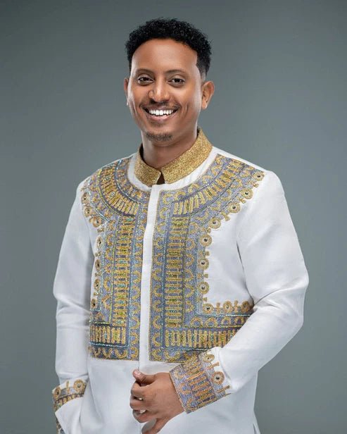 Ethiopian Men’s Shirt – White with Gold Embroidery - EthGebya