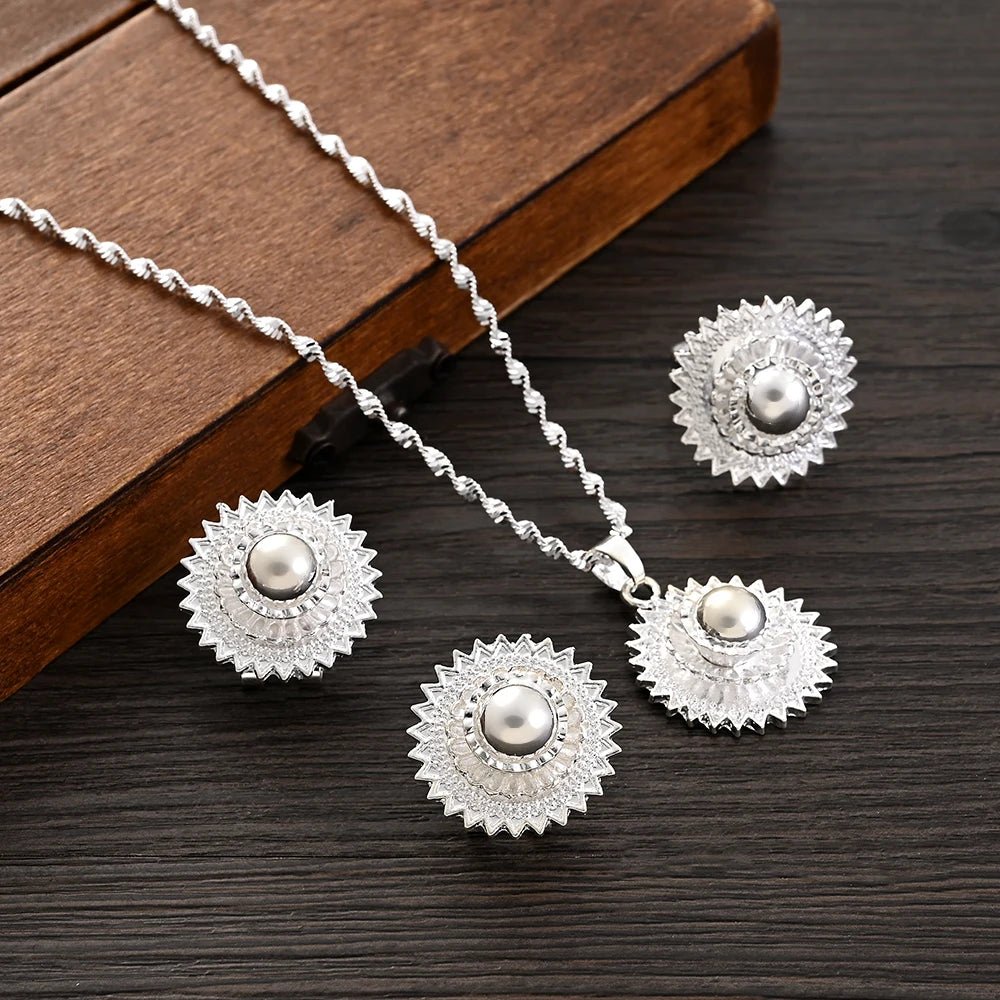 Ethiopian Silver Jewelry Set | Necklace, Earrings & Ring for Women - EthGebya