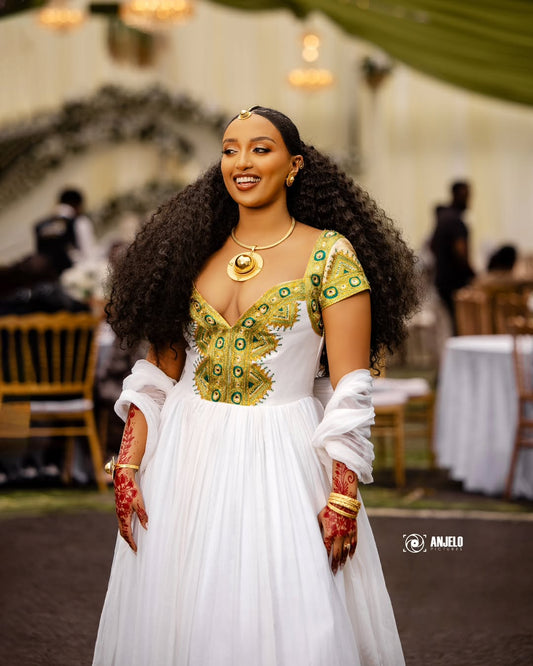 Gold and Green Modern Habesha Kemis | Elegant Ethiopian Dress - EthGebya