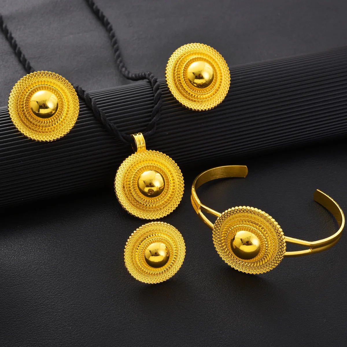 Gold Color Geometry Jewelry Set | Ethiopian Necklace, Ring & Earrings - EthGebya