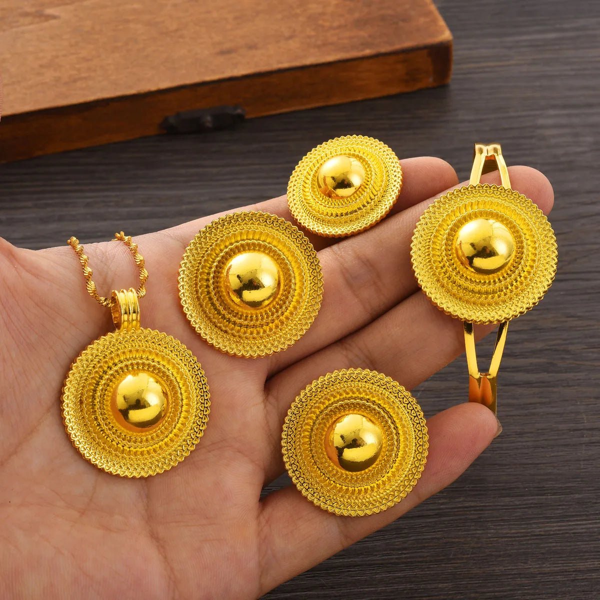 Gold Color Geometry Jewelry Set | Ethiopian Necklace, Ring & Earrings - EthGebya