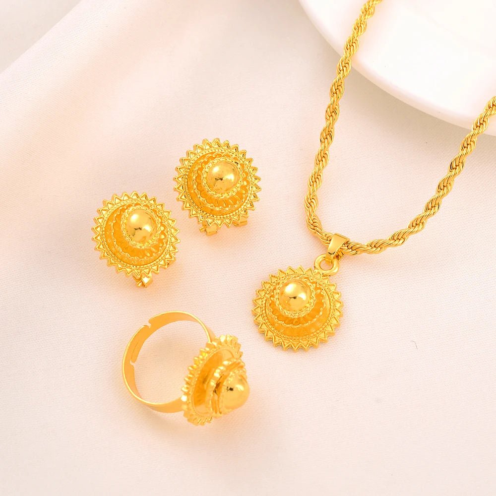 Gold Eritrean Ethiopian Jewelry Set – Necklace, Ring & Earrings - EthGebya