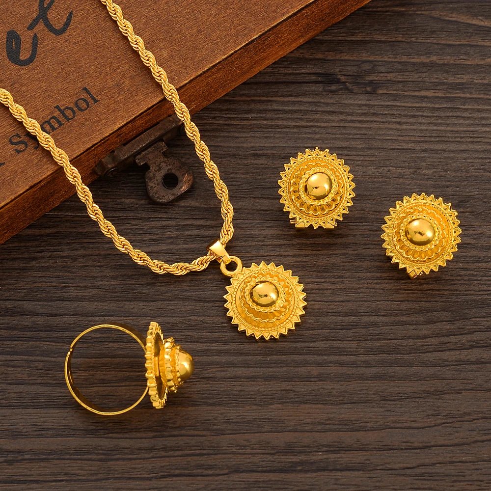 Gold Eritrean Ethiopian Jewelry Set – Necklace, Ring & Earrings - EthGebya