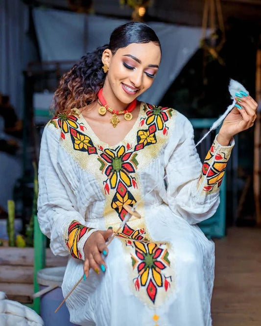 Handwoven Habesha Zuria Kemis | Exquisite Ethiopian Traditional Dress - EthGebya