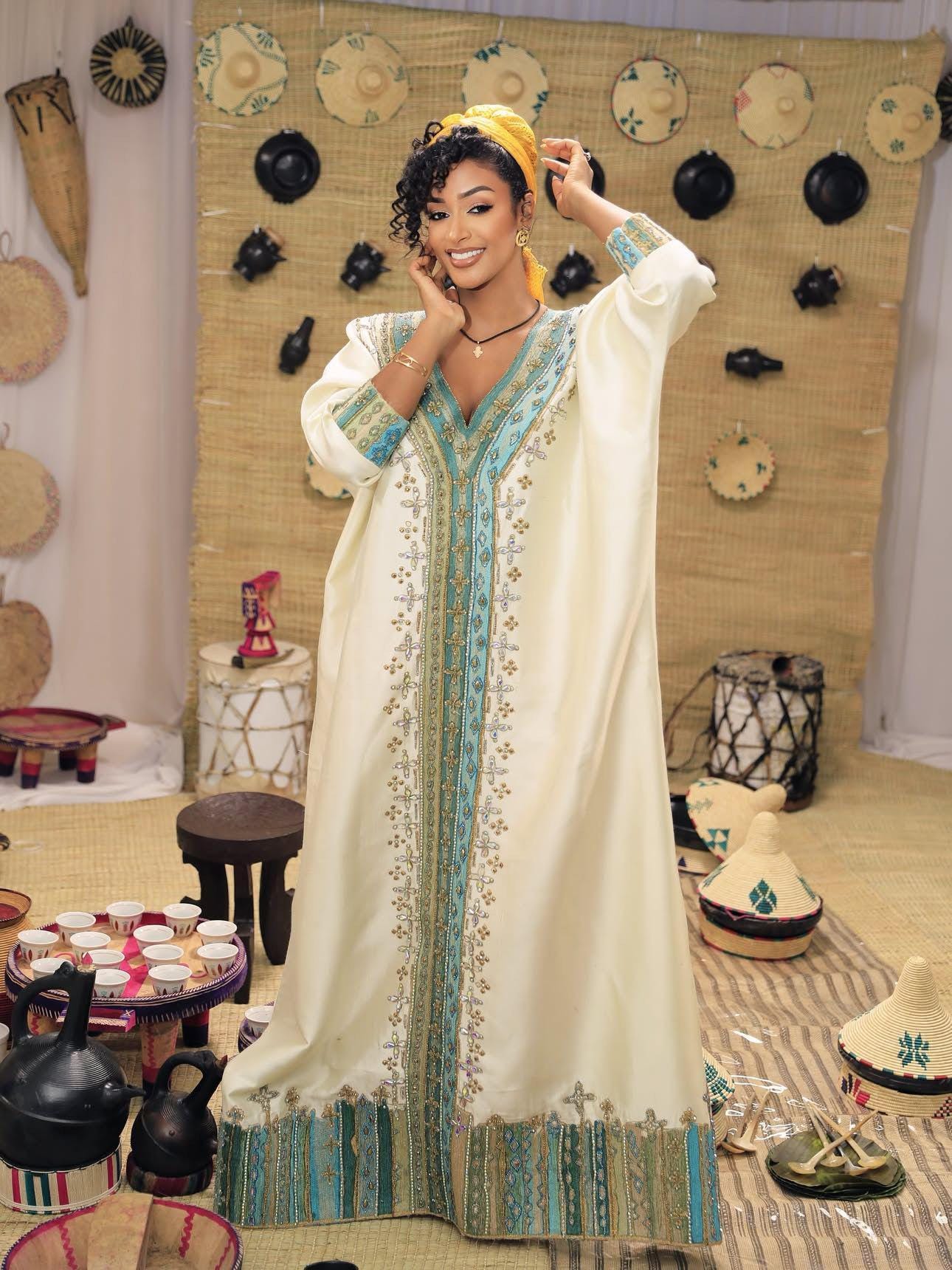 Light Green & Cream Luxurious Handmade Beaded Ethiopian Dre… – EthGebya
