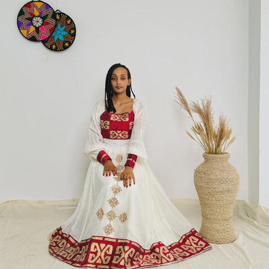 New Red Two-Piece Habesha Dress: Modern Ethiopian Zuria Kemis for Women, Habesha Cultural Outfit