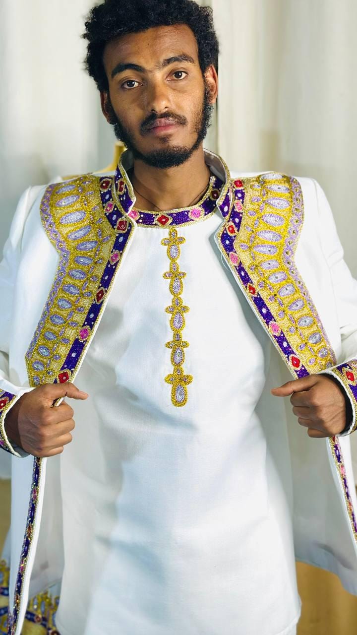 Couple Habesha clothing,New purple & gold Tilet Eritrean and Ethiopian Traditional Wedding Attire, Custom Made Habesha Fashion