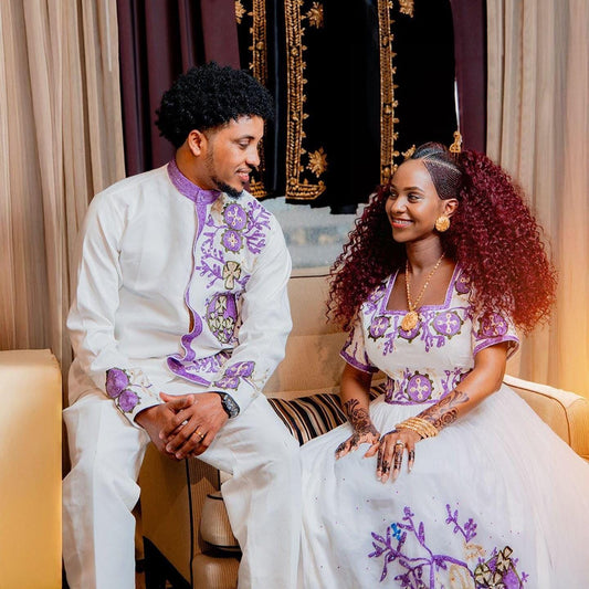 Couple Habesha clothing, New purple & white Tilet, Eritrean and Ethiopian Traditional Wedding Attire, Custom Made Habesha Fashion