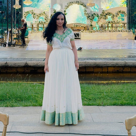 Cultural Habesha Kemis for Women, Green Tilet Eritrean & Ethiopian Traditional Dress, Menen Tradtional Clothing