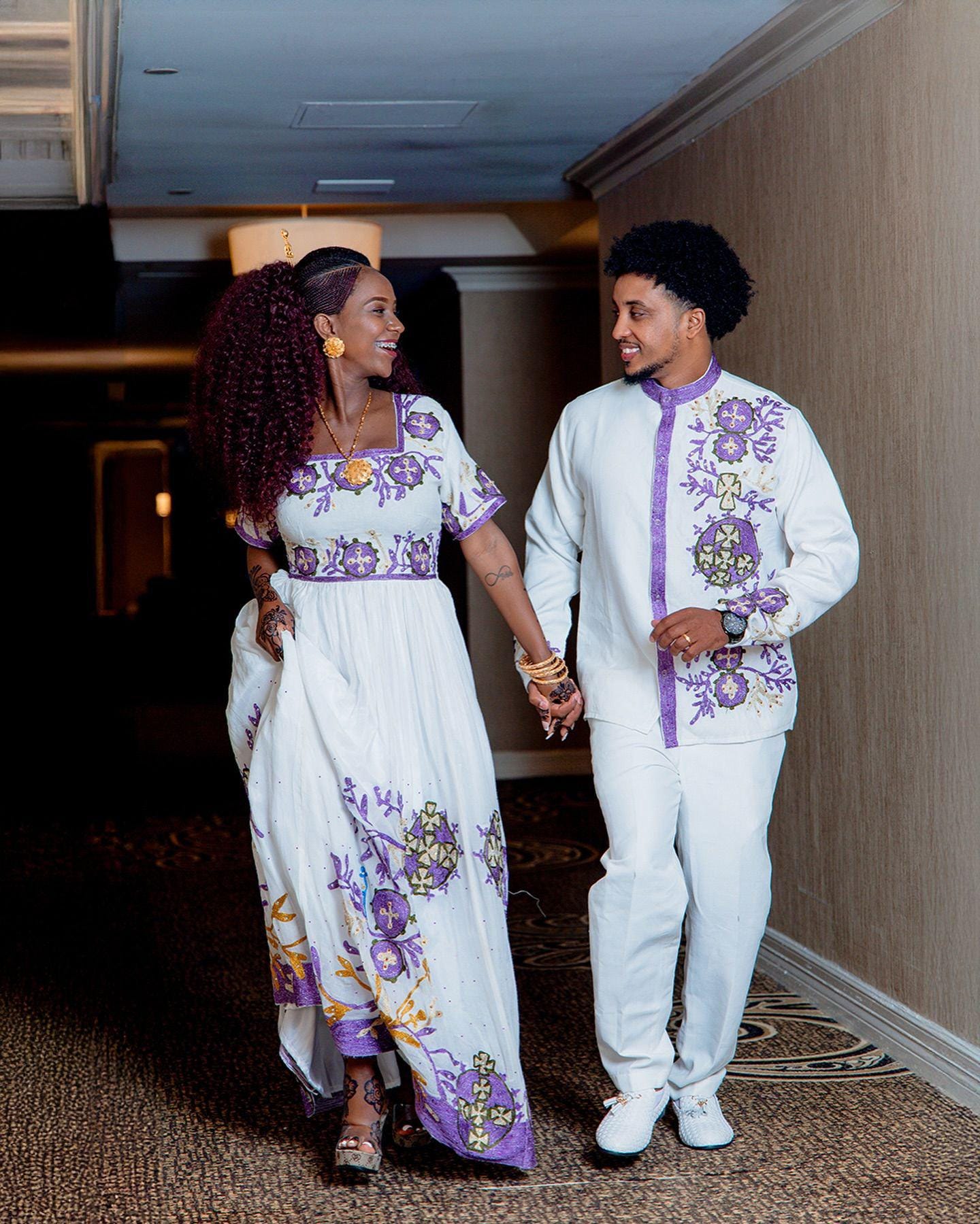 Couple Habesha clothing, New purple & white Tilet, Eritrean and Ethiopian Traditional Wedding Attire, Custom Made Habesha Fashion