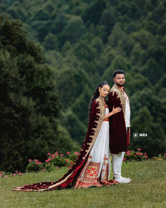 Couple Habesha clothing,New Red & gold Tilet Eritrean and Ethiopian Traditional Wedding Attire, Custom Made Habesha Fashion