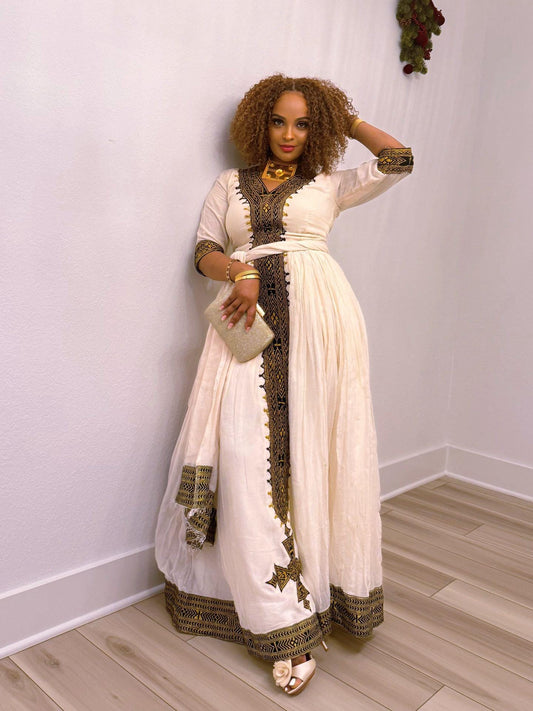 Cultural Habesha Kemis for Women, Black and Gold Tilet Eritrean & Ethiopian Traditional Dress