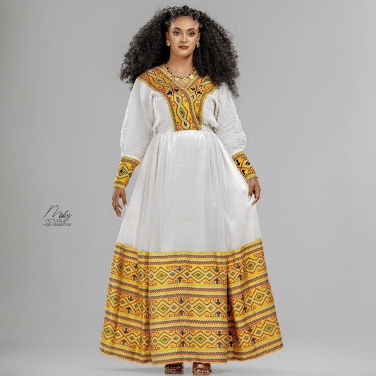 Cultural Habesha Kemis for Women, Golden Tilet Eritrean & Ethiopian Traditional Dress, Traditional Fabric Handmade Fashion