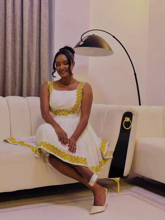 Cultural Habesha Fetil Kemis For Women, New yellow Tilet Eritrean & Ethiopian Traditional Dress