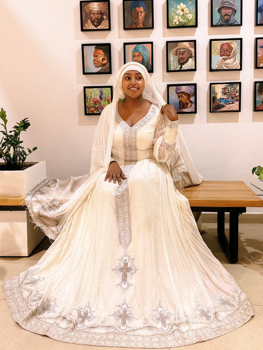 Cultural Habesha Kemis for Women, white Tilet Eritrean & Ethiopian Traditional Dress