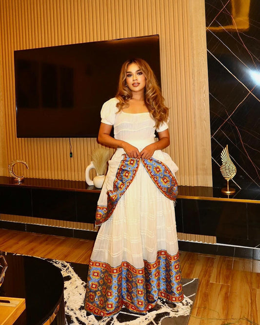 Cultural Habesha Kemis for Women, blue Tilet Eritrean & Ethiopian Traditional Dress