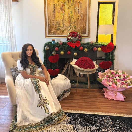 Cultural Habesha Kemis for Women, Dark green Tilet Eritrean & Ethiopian Traditional Dress,