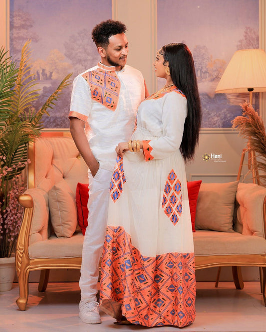 Couple Habesha clothing, New orange Tilet, Eritrean and Ethiopian Traditional Wedding Attire, Custom Made Habesha Fashion