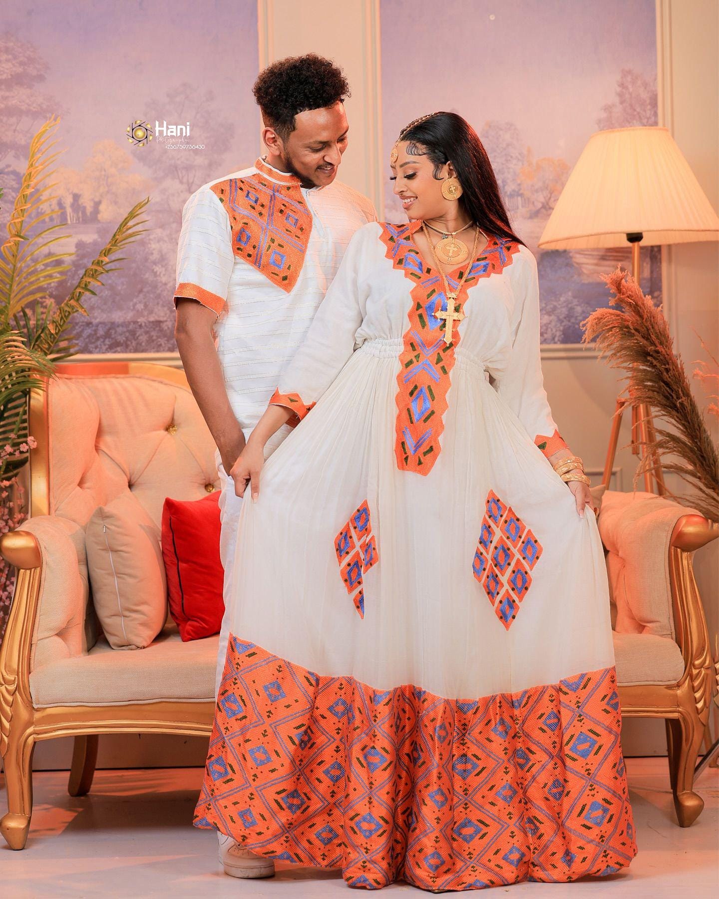 Couple Habesha clothing, New orange Tilet, Eritrean and Ethiopian Traditional Wedding Attire, Custom Made Habesha Fashion