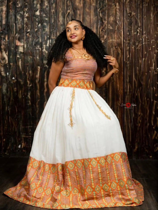 Cultural Habesha Kemis for Women, Orange Tilet Eritrean & Ethiopian Traditional Dress