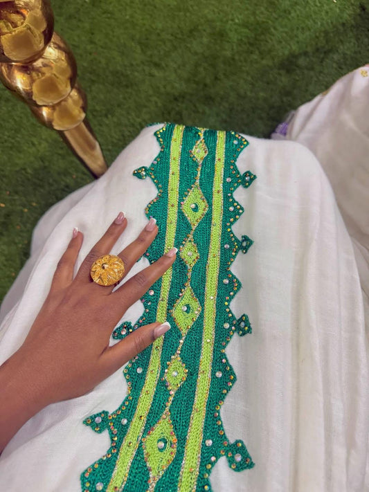Cultural Habesha Fetil Kemis For Women, New green Tilet Eritrean & Ethiopian Traditional Dress