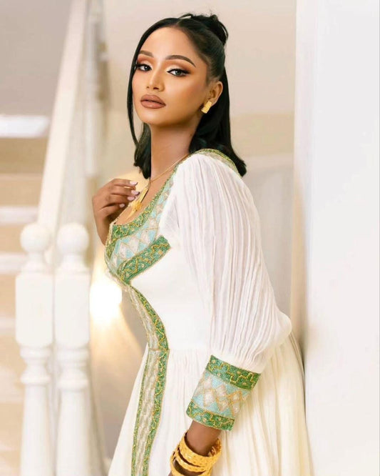 Cultural Habesha Kemis for Women green ,Tilet Eritrean & Ethiopian Traditional Dress