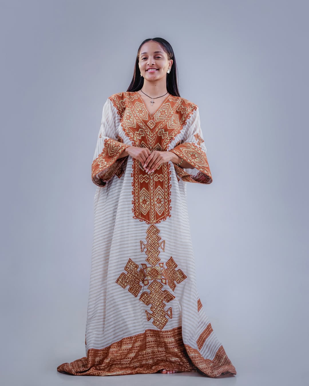 Brown Gondar Habesha Kemis | New Free-Size Modern Ethiopian Dress