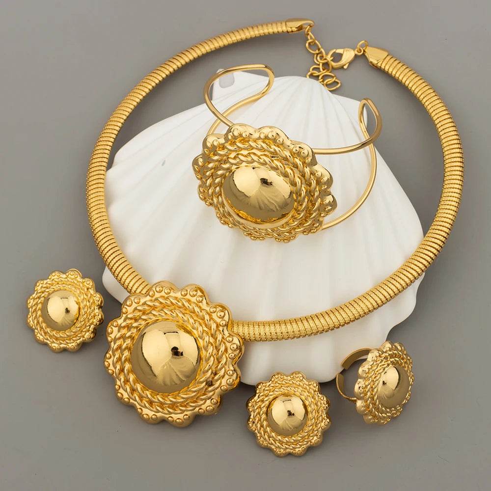 Luxury 18k Gold Plated Jewelry Sets For Women Ethiopian Fashion Necklace Earrings Bracelet Ring Jewellery Set Wedding Party Gifs - EthGebya