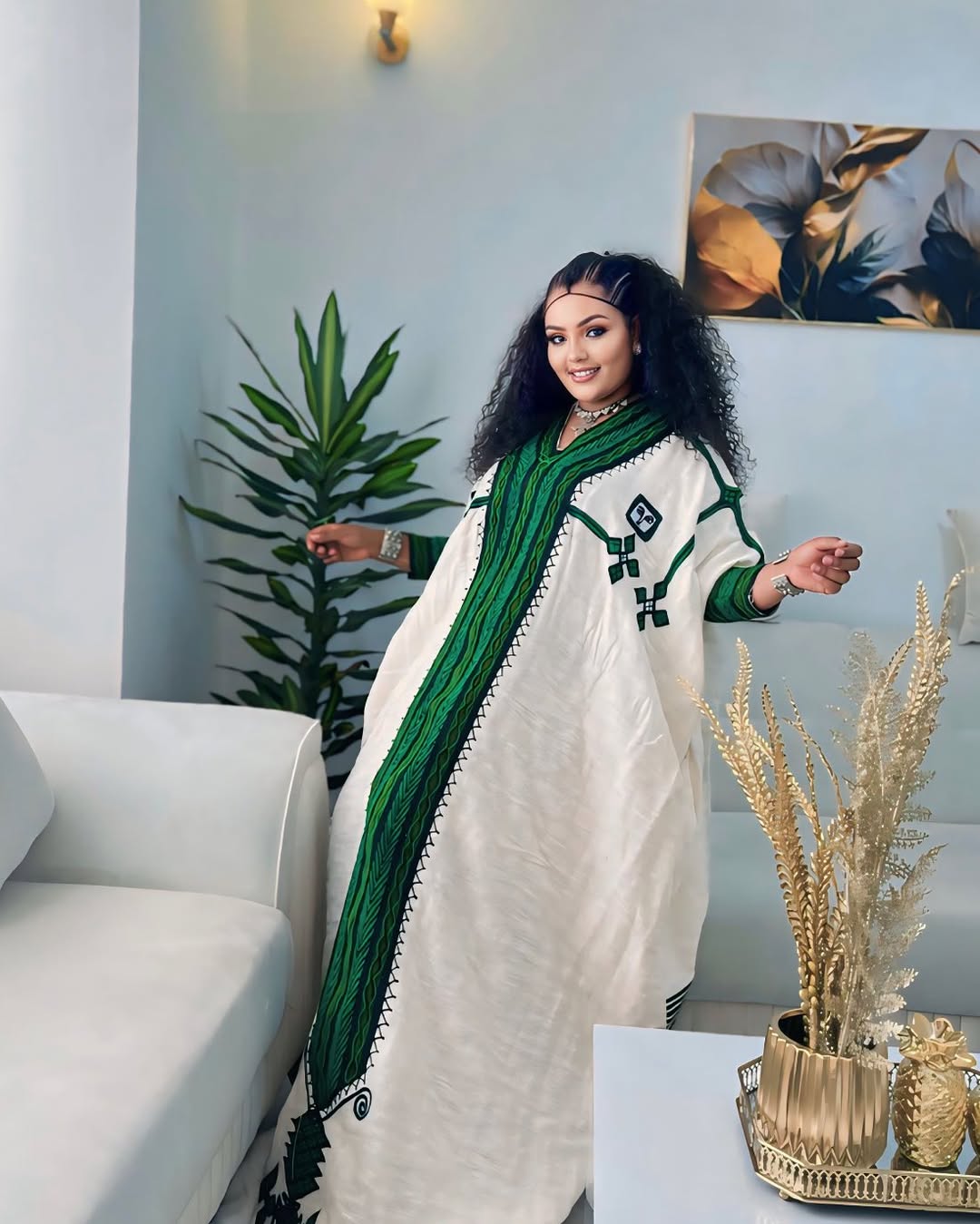 Modern Green Ethiopian & Eritrean Axum Habesha Dress Handwoven Kemis Ethgebya