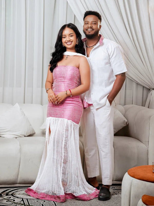 Modern Pink & White Ethiopian Couple Outfit | Matching Cultural Wear - EthGebya