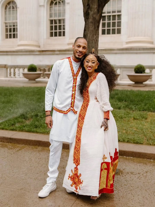 New Red Habesha Couples Outfit | Modern Matching Ethiopian Attire