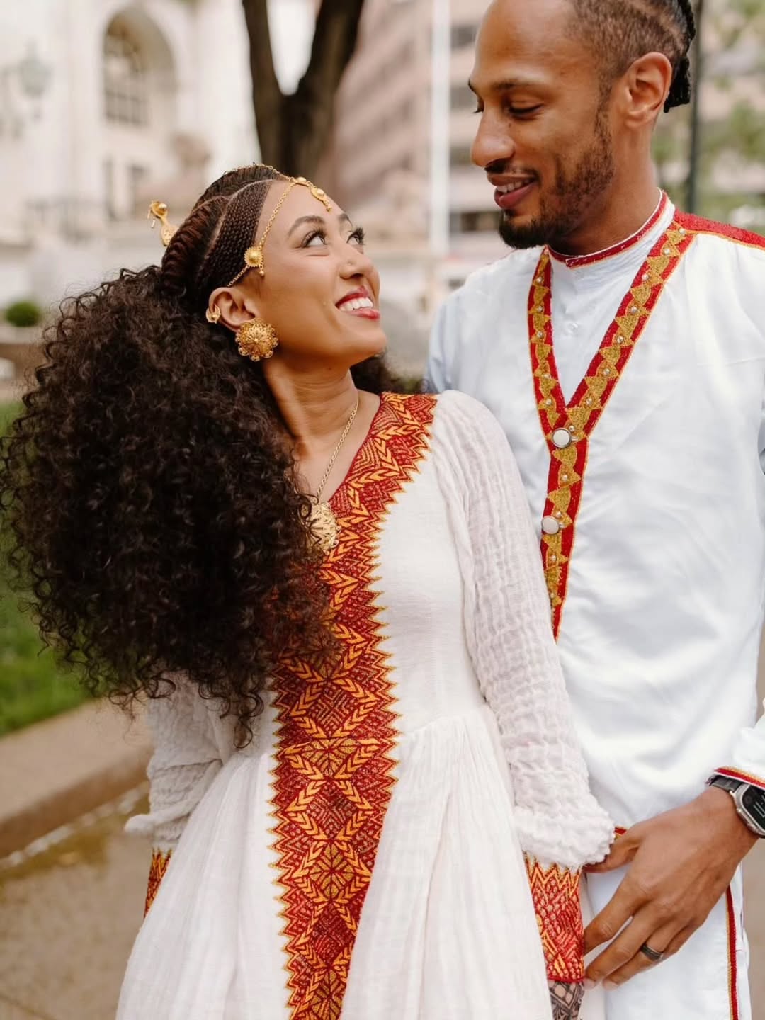 New Red Habesha Couples Outfit | Modern Matching Ethiopian Attire