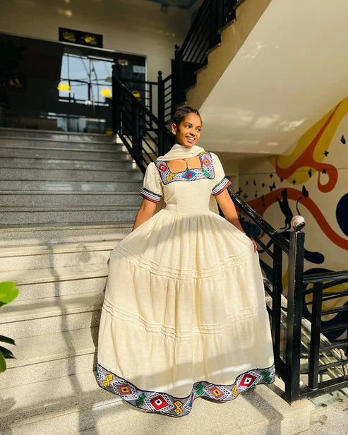 Beige Zuria Habesha Kemis | Handmade Modern Ethiopian Dress for Women