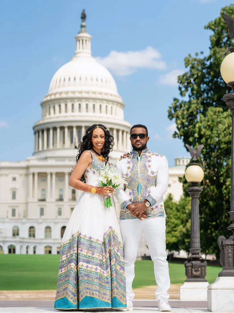 Couple posing in front of the U.S. Capitol building. Ethiopian Wedding Attire for Couples Habesha Traditional Matching Set Ethgebya