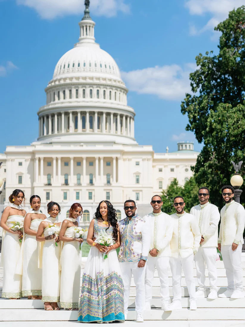 Group of people in formal attire standing in front of the U.S. Capitol building. Ethiopian Wedding Attire for Couples Habesha Traditional Matching Set Ethgebya