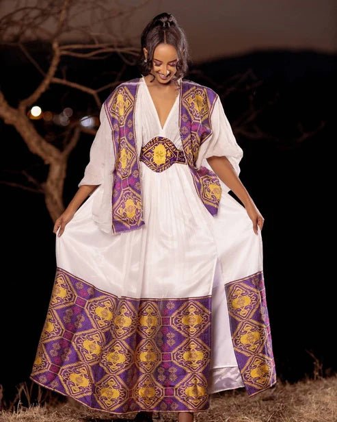 Purple Habesha Kemis | Ethiopian Handwoven Zuria Traditional Dress - EthGebya