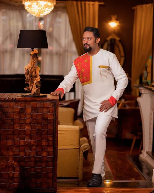 Red Habesha Men’s Shirt & Pants | Traditional Ethiopian Outfit - EthGebya