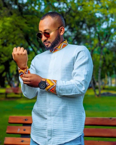 White & Multicolor Stylish Habesha Men’s Shirt M